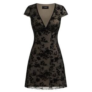 Cider Mesh V-Neck Floral Bow Nude Lined Black Mini Dress 8